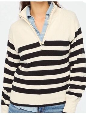 NWT J.Crew Black & Cream Striped Half-Zip Pullover Sweater With Pearl Zipper